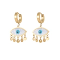 Golden titanium steel hoop earrings featuring blue evil eye charms and coin tassel fringe - Evil Eye Round Disc Tassel Style (E1272-GO)