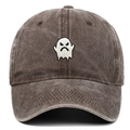 Detailed embroidery of a white angry ghost on a brown washed denim baseball cap - One Size / Coffee