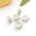 Five silver large-hole spacer beads with textured crystal accents for DIY jewelry making - Rhinestone Bead / Silver