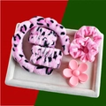 Pink plush leopard set with spa headband, wristbands, velvet scrunchies and flower hair clip - Pink Leopard Sponge Headband (6-Piece Set)