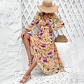 Robe jaune à col en V, imprimé floral violet et détails de volants - S / Jaune