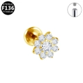 F136 titanium floral labret stud with white zircons and internal thread in gold finish - Gold Flower Style (G23LAI069-G)