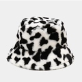 Fuzzy cow print bucket hat in soft faux fur plush for winter warmth and fashion - M (56-58cm) / Black White Cow Print