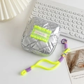 Chic silver quilted PU leather makeup bag with neon green detail and woven lanyard - Diamond Quilted Silver (Neon Green Label)