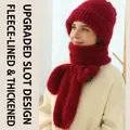 Detail of reddish brown fleece-lined knitted hat and scarf set with secure slot design - Pineapple Texture / Burgundy