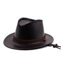 Detalle de sombrero vaquero de cuero sintético marrón con banda trenzada y barboquejo - M (56-58cm) / Café oscuro