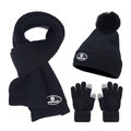 Detailansicht des Winter-Stricksets mit schwarzer Bommelmütze, Schal und Handschuhen - Schwarz