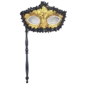 Elegant gold and black masquerade mask with sequins, lace trim, and a side hand wand - Sequined Edge Handheld Style / Gold