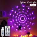 Violette LED Spinnennetz Lichterkette mit USB Fernbedienung und schwarzer Spinne - 70 LEDs Fernbedienung Batteriefach + Spinne / Lila