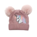 Close-up of pink knitted hat featuring colorful unicorn embroidery and dual faux fur pom-poms - M(48cm-52cm) / Pink