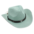 Detail of mint green straw cowboy hat featuring brown leather band and silver bull head - One Size / Mint Green