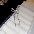 Silver bowknot tassel earrings with cubic zirconia and a teardrop pendant - Water Drop Tassel Bow Style (5# Silver Earring Post) / Silver
