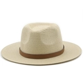 Classic summer straw Fedora hat in cream with brown leather band for beach sun protection - M(56-58cm) / Beige