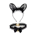 Close-up of black lace rabbit ears headband and matching bow collar with golden bell - Lace Cat Ears Headband + Lace Choker