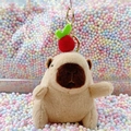 Plush Capybara keychain with red apple decoration and gold metal lobster clasp - Light Brown Apple + Gold Clip