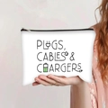 Hand holding white canvas organizer pouch with 'PLUGS, CABLES & CHARGERS' text and icons - Electronics Storage Style