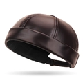 Deep brown PU leather docker cap with multi-panel stitching and adjustable metal buckle - Dark Coffee