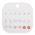 Detail of 9-pair silver fashion earring set with heart and star designs on display card - Silver/Pink Heart Feather Set(E0195-3)
