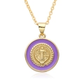 Religious Saint Benedict gold pendant necklace with purple enamel and O-chain for women - Style A007 / Purple