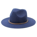 Close-up of a navy blue woven straw fedora hat featuring brown double cord detailing - M (56-58cm) / Navy Blue