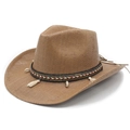 Brown woven straw cowboy hat with ethnic shell band and tassels for outdoor sun protection - M (56-58cm) / Khaki