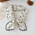 White floral cotton linen scarf with black lace trim and vintage flower pattern - Small Broken Leaf White