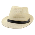 Vue détaillée du tissage en maille respirante et de la bande en cuir noir sur le chapeau de paille - M (56-58cm) / Poche zippée