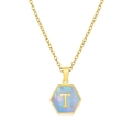18K gold plated hexagon necklace with purple shell inlay and golden letter T pendant - Gold Letter T