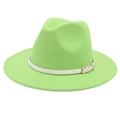 Close-up of lime green wool felt fedora hat featuring white belt with golden metal buckle - M (56-58cm) / Fruit Green (White Belt)