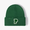 Dark green ribbed knit beanie with vintage P letter patch for autumn and winter warmth - Malachite green