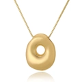 Detailed view of a gold hollow circular pendant on a box chain with mirror reflection - O (D1013)