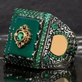 Retro men's silver ring with large green gem, gold floral relief and side zircon accents - Vintage Distressed Silver Rectangle Green Gemstone (TJZ22023)