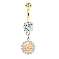 Goldenes Bauchnabelpiercing mit runden Kristallen und einem rosa Blumenanhänger mit Edelsteinen - Stil 37 Gold