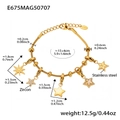 Detail of gold stainless steel star bracelet with zircon pendants and size measurement info - Gold Stars Style(E675)