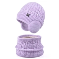 Purple winter cable knit hat and neck warmer set for kids with fleece lining - 2-Piece Set - Two-Tone Purple