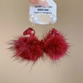 Detail of red tassel earring with pearl stud, golden horse charm and plush pom-pom - Silver Earring Post - Red
