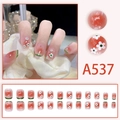 Short watermelon gradient press-on nails with white flowers and green French tips A537 - Watermelon Flower French Glue Style (A537)
