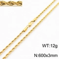 Gold plated stainless steel twist rope chain necklace for men and women 600x3mm - 600x3mm(KN231956-Z)