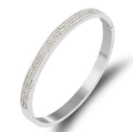 Minimalist silver stainless steel hinged bangle with three rows of sparkling rhinestones - Row Zircon / Silver
