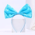 Big sky blue satin bow headband for girls on a minimalist white display stand - Blue