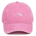 Detailed front view of pink washed cotton baseball cap with silver mountain embroidery - Pink