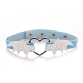 Detailed view of blue leather choker with heart ring and white bat wings on white background - White Wings Blue PU Choker