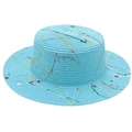 Artistic paint splatter wide brim straw boater hat in light blue with graffiti design - One Size [Boater Straw Hat] / Graffiti (Blue)