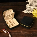 Portable black velvet jewelry box with mirror and cream velvet lining for rings - Velvet Dark Black (With Mirror)