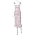 Floral print halter neck sleeveless dress with pink flowers and a side slit - S / Red