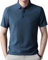 Vue détaillée du polo à manches courtes bleu sarcelle avec maille gaufrée texturée - Bleu marine