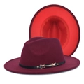 Detail of burgundy wool fedora with contrasting red brim underside and gold buckle - Wine Red + Red