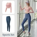 Rosa langärmeliges Crop-Top und dunkelblaue High-Waist Yoga-Leggings im Set für Damen - S / Oberteil Und Unterteil / Barbie Rosa + Walblau