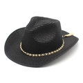 Elegante cappello da cowboy in paglia nera con catena di perle d'oro e nappa - M (56-58cm) / Nero