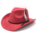 Red faux suede western cowboy hat with decorative feather and curved brim for unisex - M (56-59cm) / Burgundy